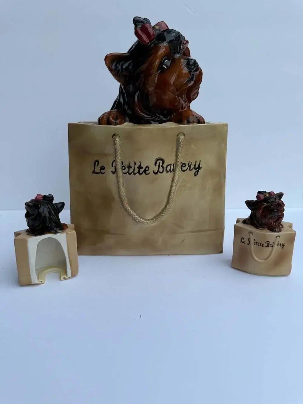 Vintage Le Petite Bakery Ceramic Yorkshire Terrier Cookie Jar and Light Covers